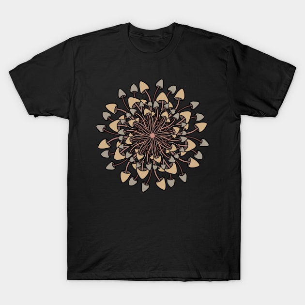 Mushroom Mandala in browns and grey T-Shirt by DaveDanchuk